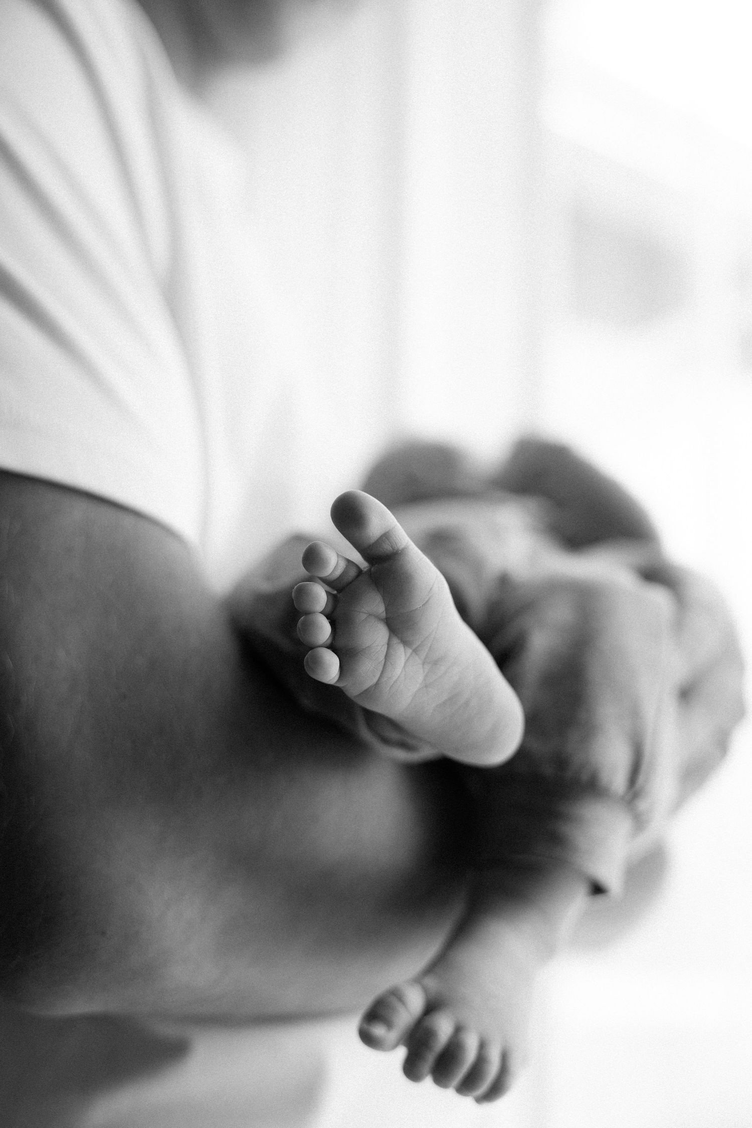 Black and white artistic photograph of tiny baby feet arranged in a sequence showing different angles and poses.