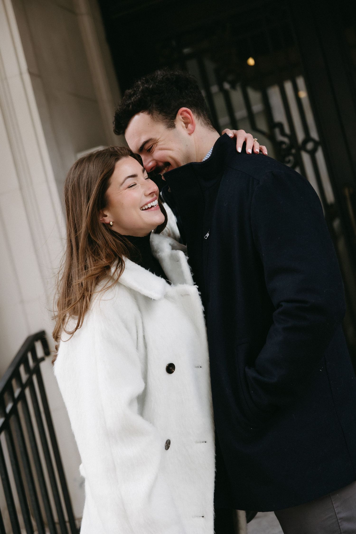 A romantic winter moment captured in sequence showing a couple in white and black coats.