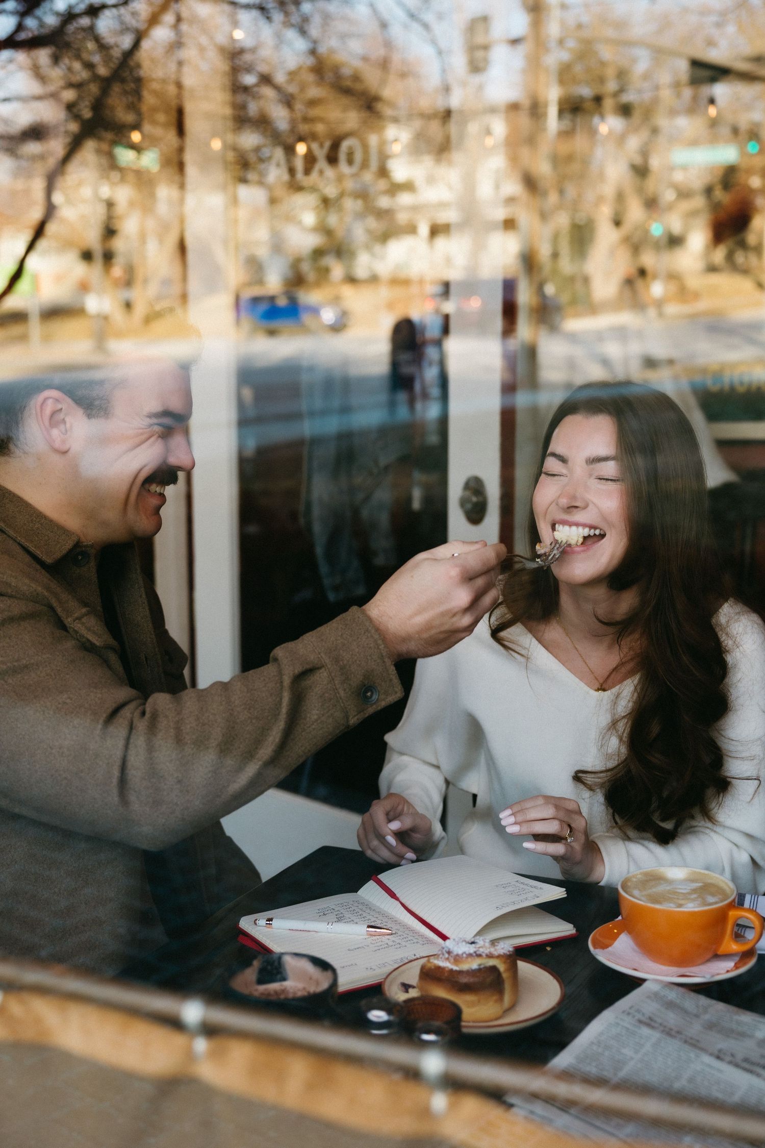 Candid sequence through cafe window showing a joyful coffee date with laughter and drinks.