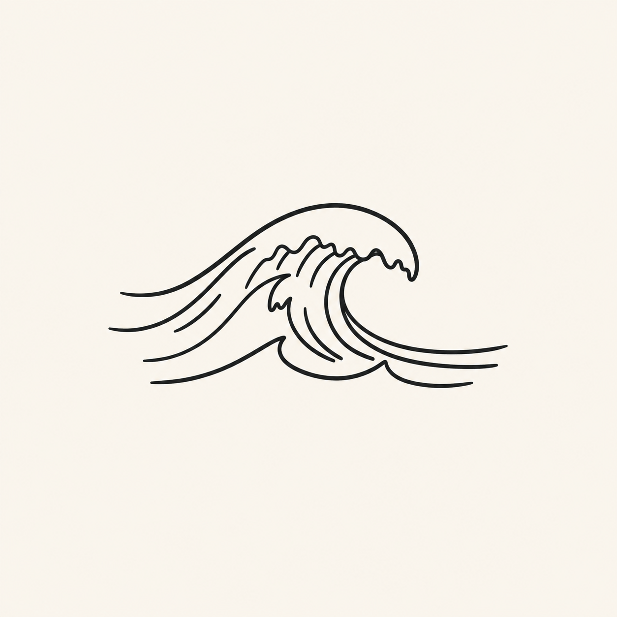 Minimalist line art illustration of an ocean wave with elegant curved lines on a light beige background.