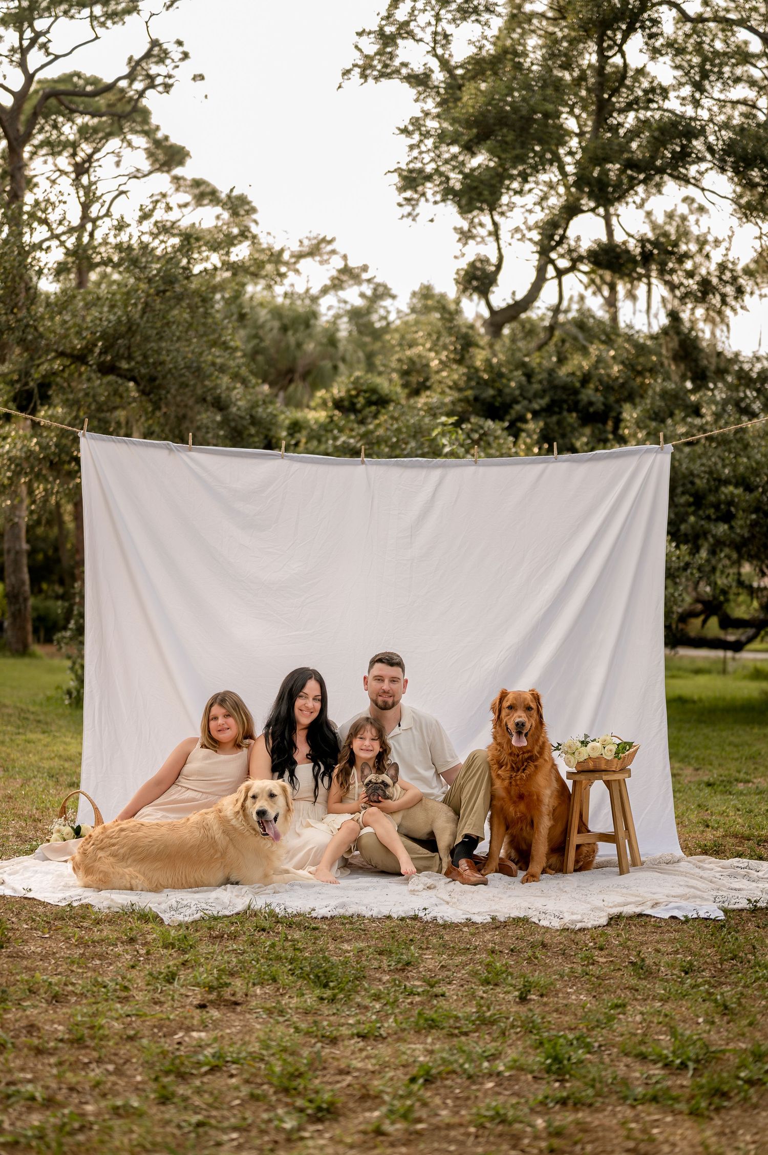 Family of four with two golden retrievers posing on a white blanket outdoors against a white backdrop.
