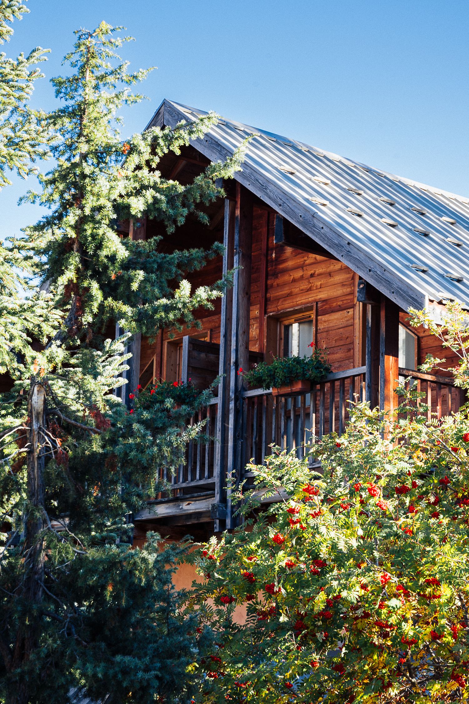 Façade de chalet de montagne traditionnel en bois massif avec balcon fleuri, photographie immobilière.