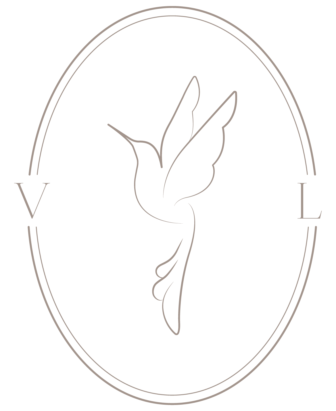 Elegant oval logo featuring a delicate hummingbird line art design with the letters V and L in soft taupe tones.