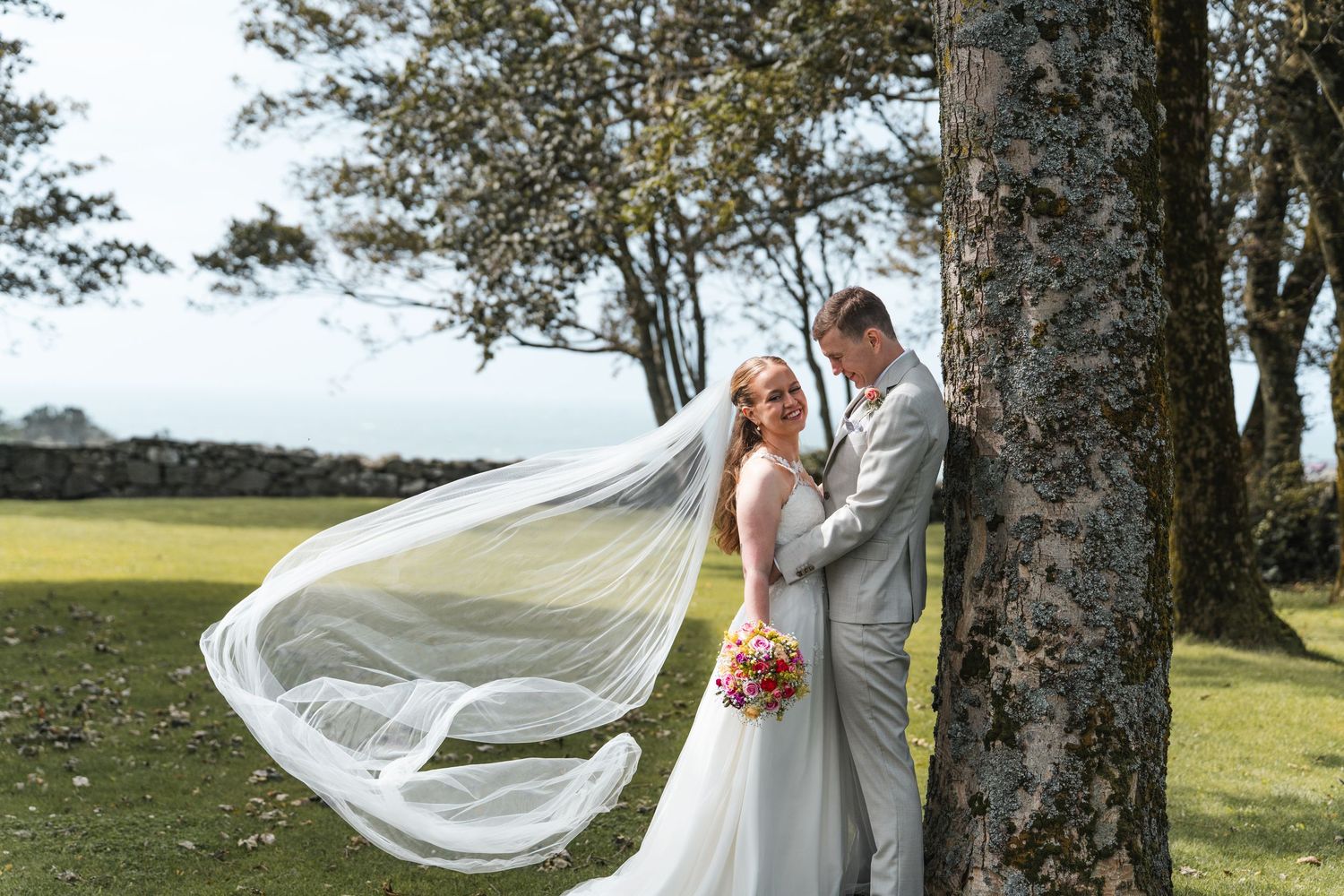 Bride and groom embracing by tree with veil flowing in wind on lush green lawn.