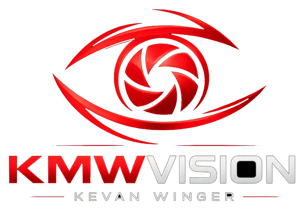 KMW Vision logo featuring a red eye with camera aperture iris design and the name Kevan Winger in bold typography.