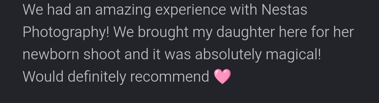 A glowing five-star customer review praising Nestas Photography for a magical newborn shoot experience.