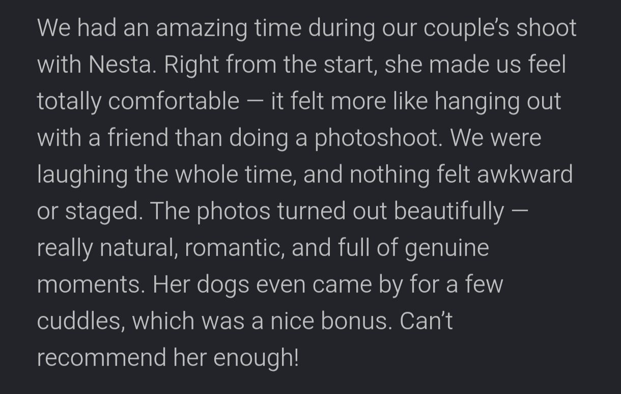 Five-star customer review praising couples photographer Nesta for natural, romantic photos and a comfortable, fun shoot experience.