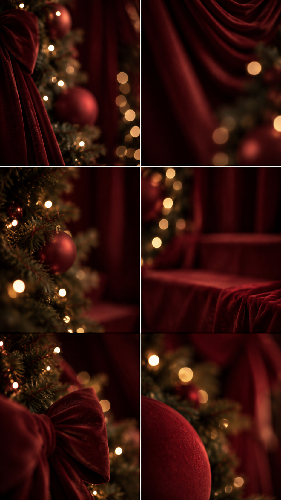 Elegant Christmas tree with red velvet ornaments, gold bokeh lights, and luxurious crimson drapes in a festive holiday setting.