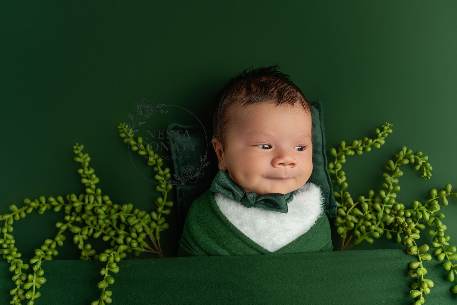 Newborn baby wrapped in green swaddle with bow tie, surrounded by greenery on emerald background.