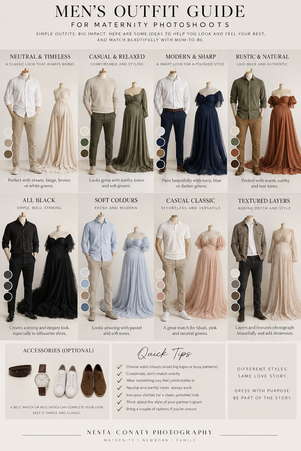 Men's outfit guide for maternity photoshoots featuring neutral, casual, modern, rustic, all black, soft, classic, and layered style options.