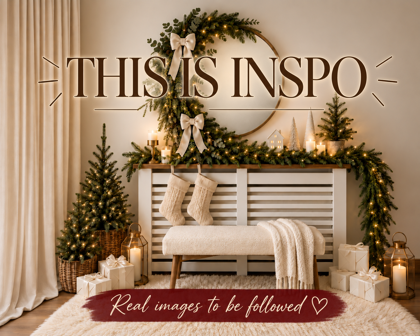 Elegant Christmas mantel decor with wreath, stockings, mini trees, candles, and gifts in a cozy neutral holiday living space.