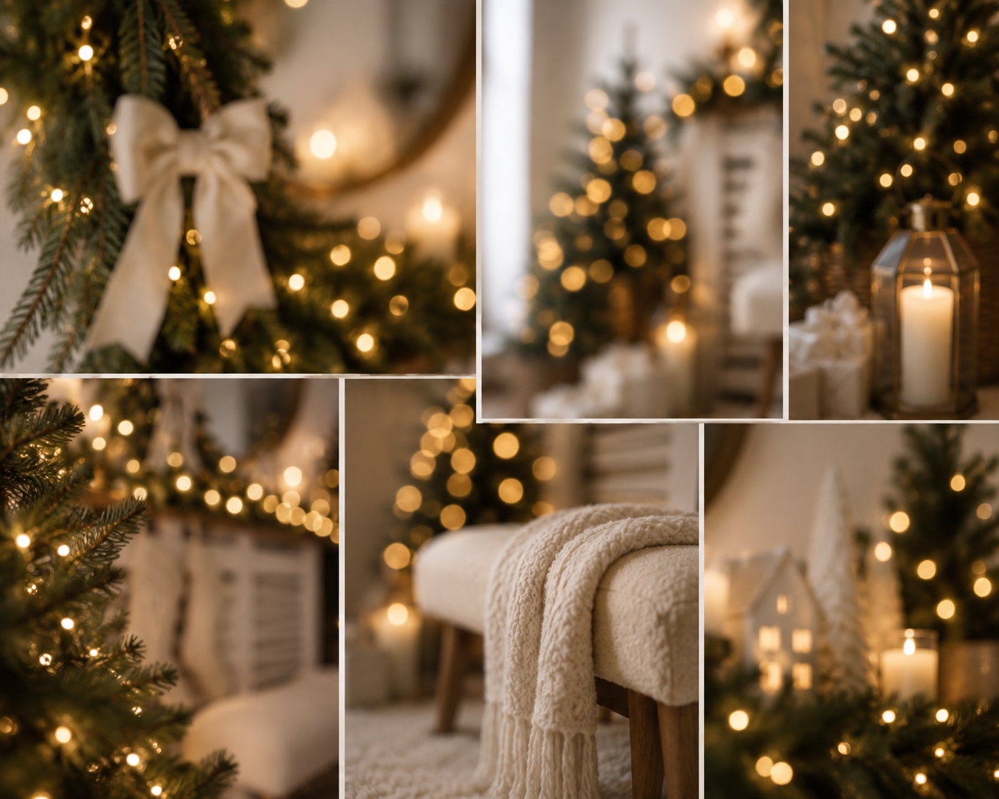 Elegant white Christmas room collage with glowing fairy lights, decorated trees, candles, and cozy knit blanket in warm tones.