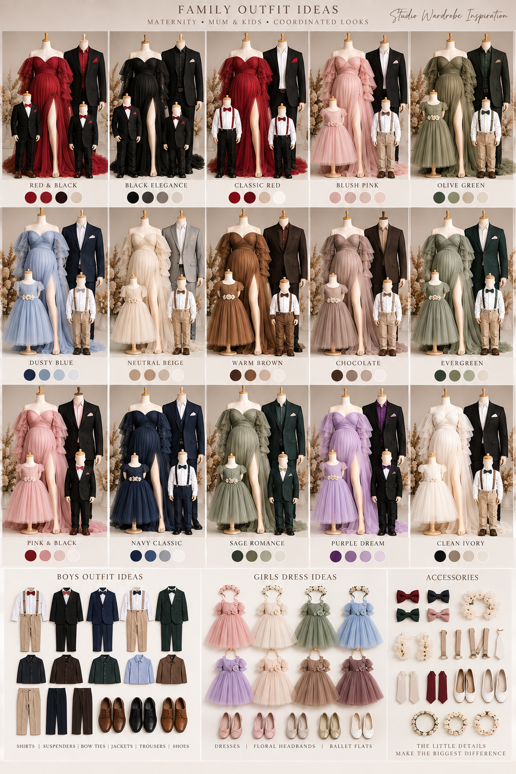 Family outfit ideas chart featuring maternity, mom, kids, and coordinated color looks in elegant dresses and suits.