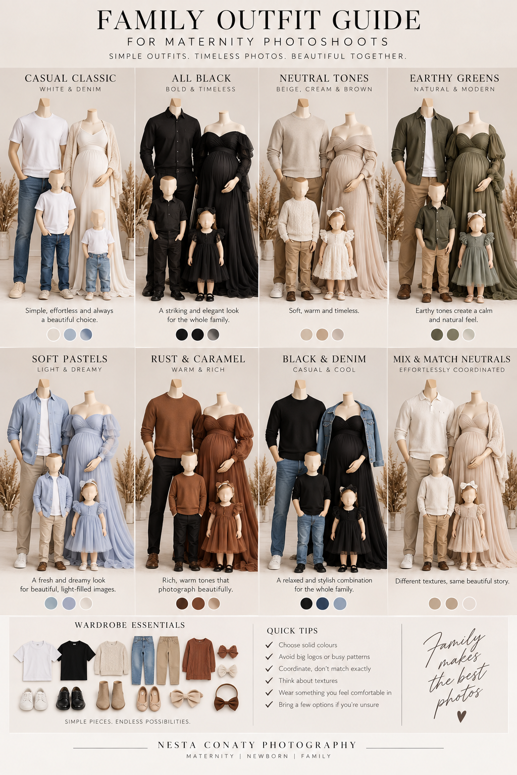 Family maternity photoshoot outfit guide showing six coordinated color schemes including neutrals, black, and pastels.