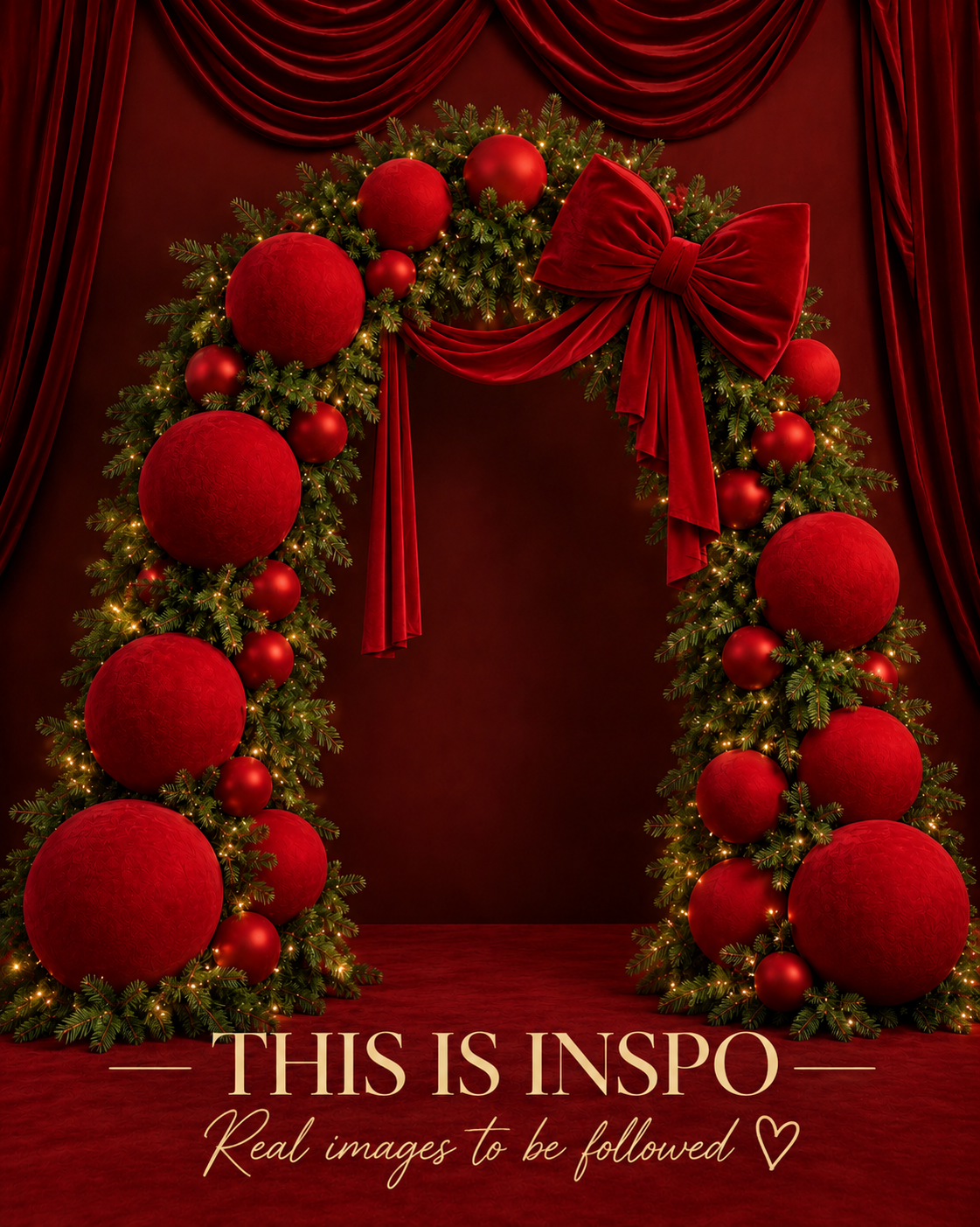 Festive Christmas arch with red velvet bow, green garland, glowing lights, and large red ornament balls on a red backdrop.