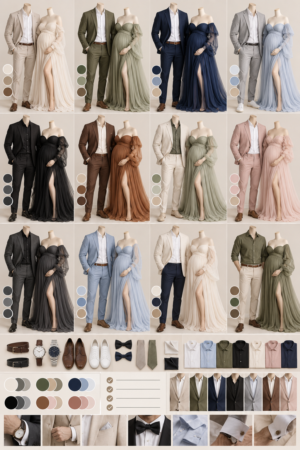 Elegant maternity photoshoot outfit collection featuring coordinated couples ensembles in neutral tones, gowns, and suits.