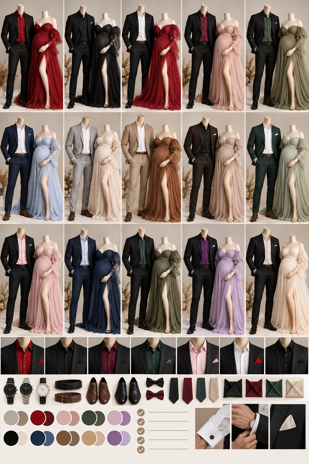 Elegant maternity photoshoot outfit collection featuring flowing gowns and matching suits in various colors with accessories guide.