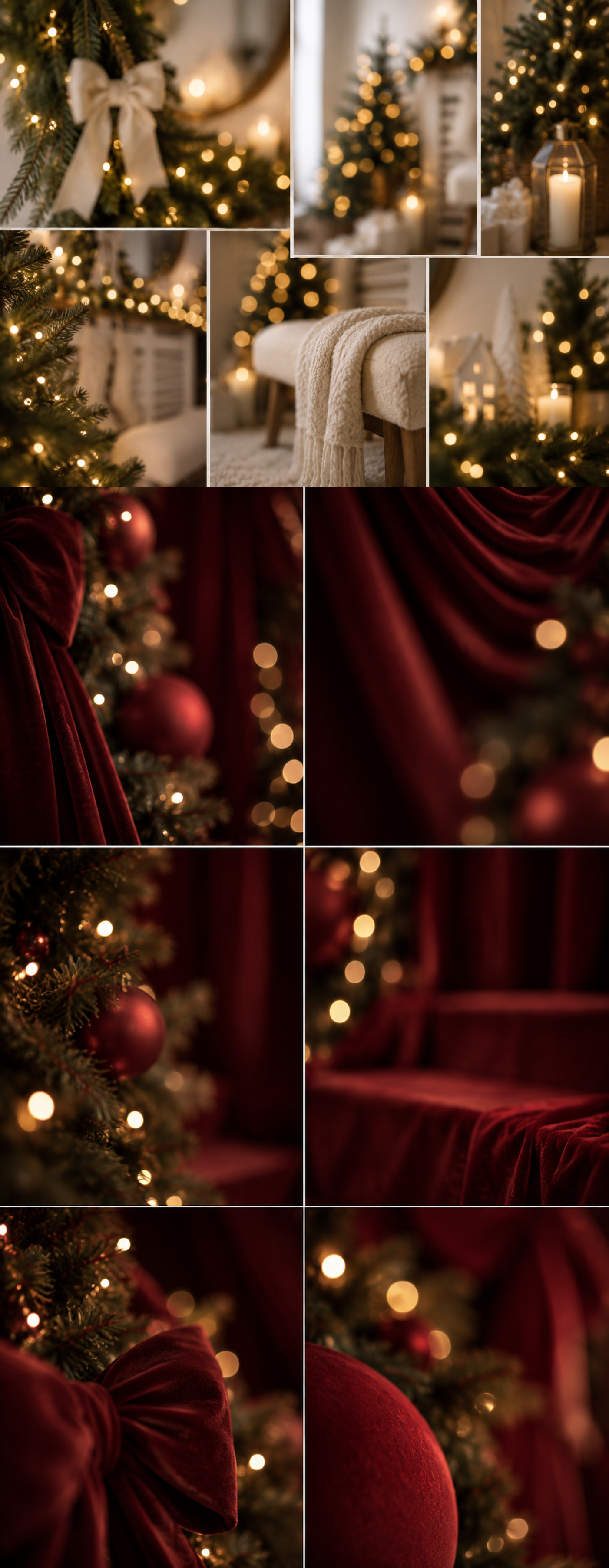 Elegant Christmas decor with red velvet drapes, glowing fairy lights, ornaments, and a festive tree in warm holiday ambiance.