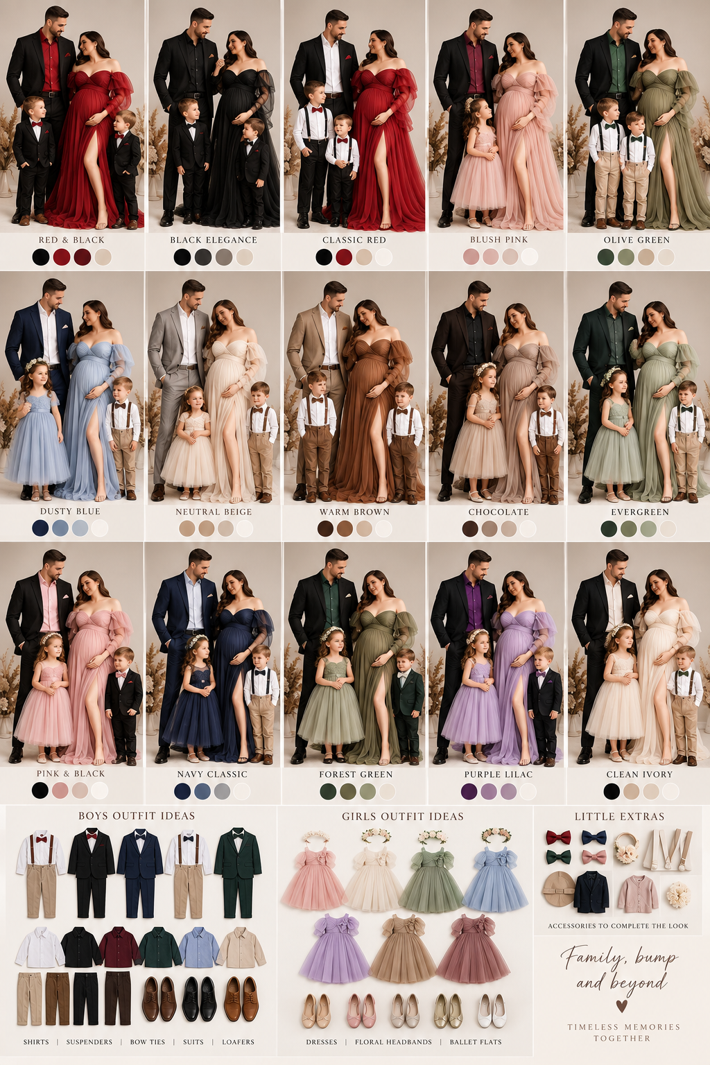 Family maternity photo shoot outfit coordination guide featuring elegant gowns, suits, and children's attire in various color themes.