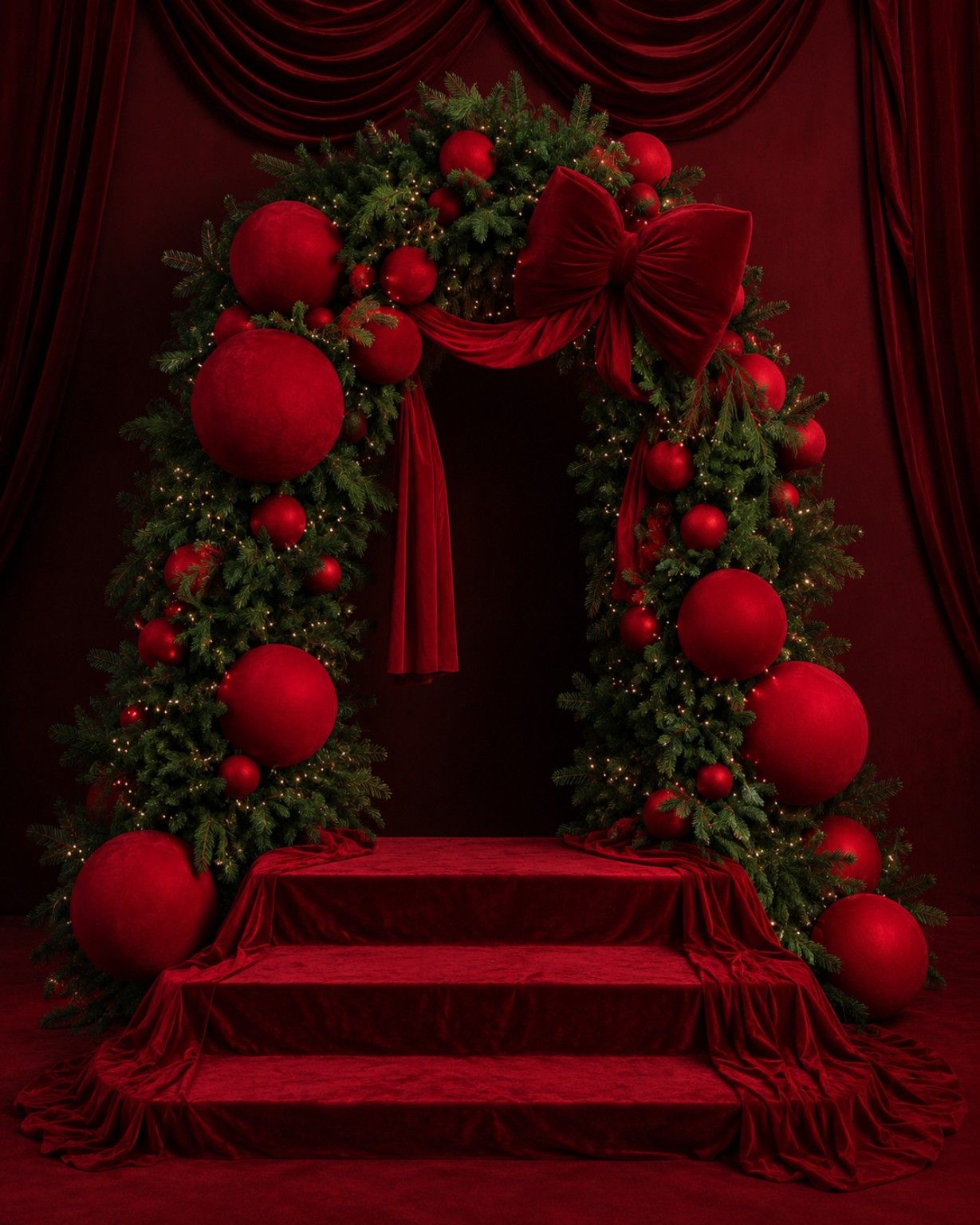 Red velvet Christmas arch with large ornaments, greenery, and a bow over a draped stage.