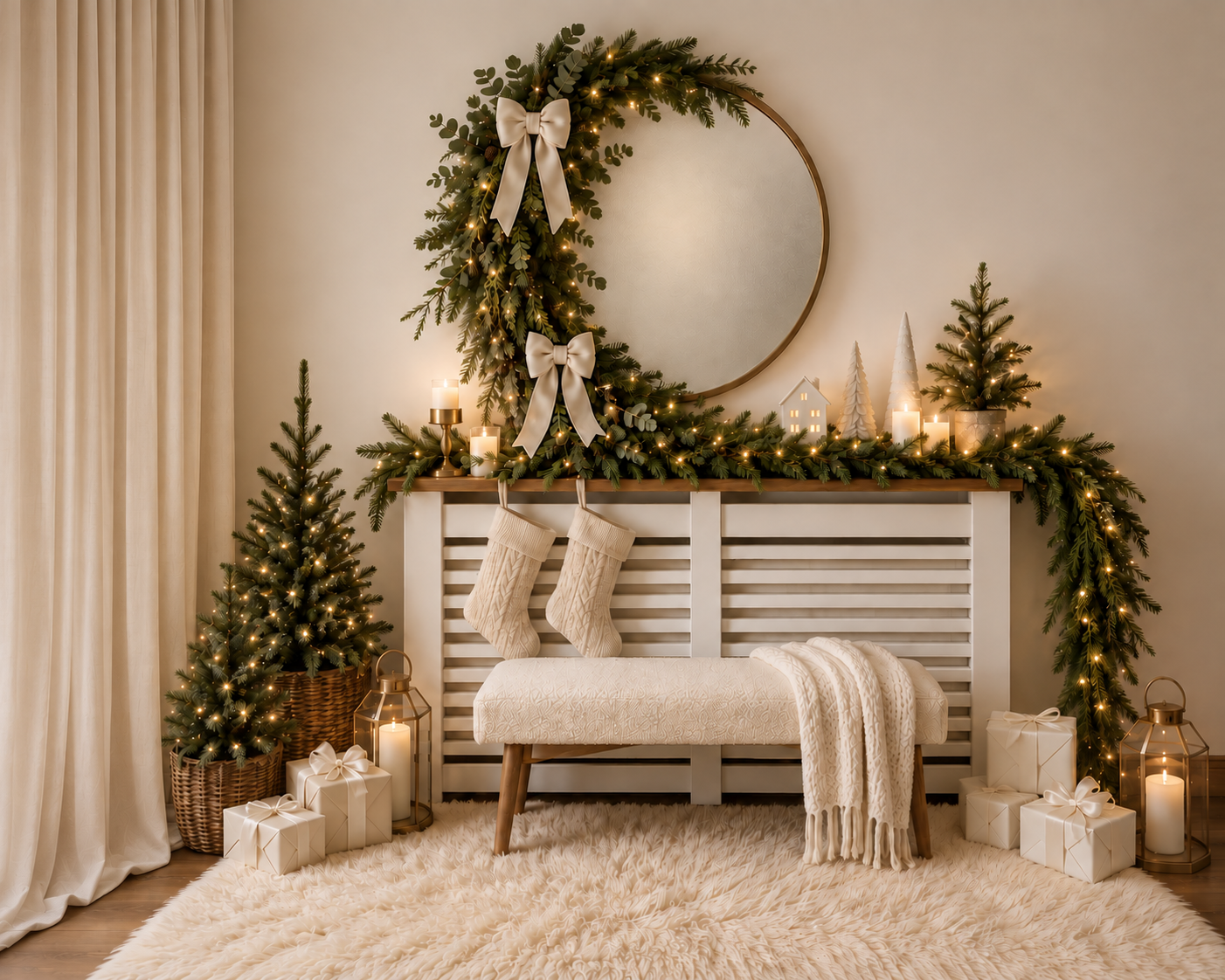 Elegant Christmas entryway with wreath, garland, mini trees, white bench, stockings, and wrapped gifts.