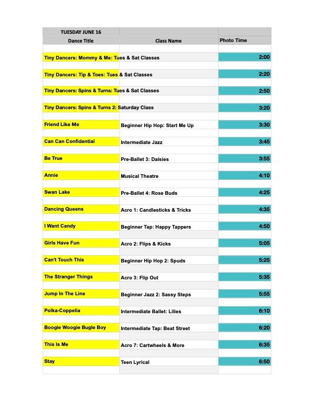 Tuesday June 16 dance recital schedule listing class times, dance titles, class names, and photo times for various dance styles.