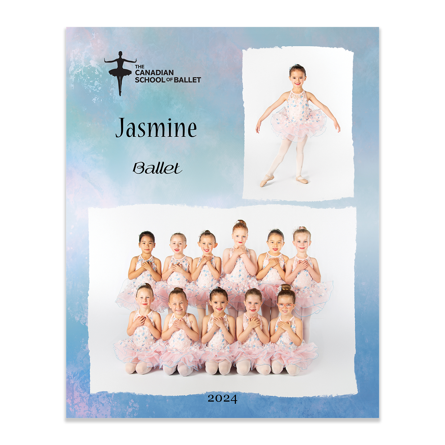 Ballet dance studio group photo showing young dancers in matching pink tutus and dance costumes on a blue background.