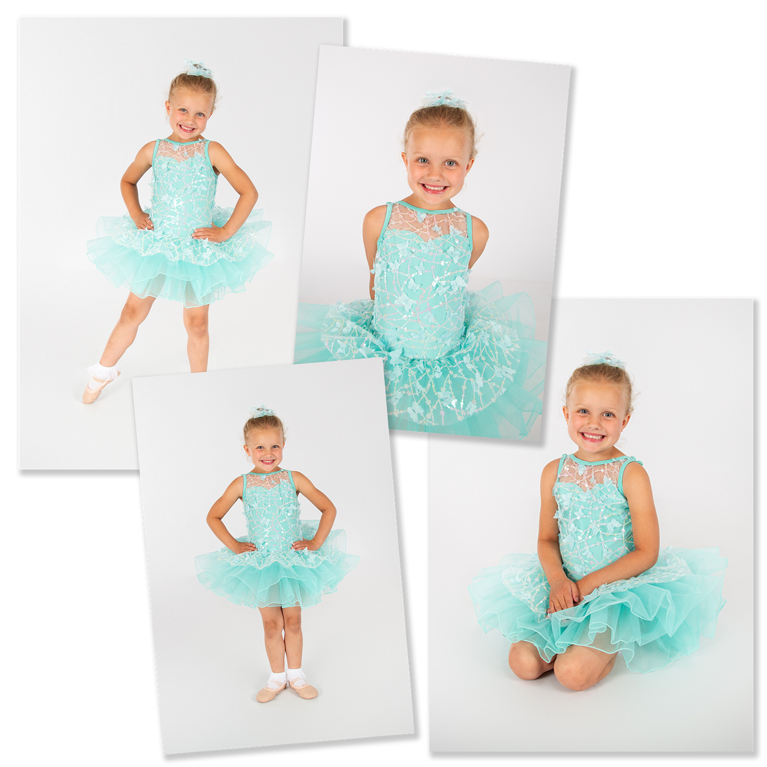 Young dancer in sparkly mint green tutu dress poses gracefully in four different positions against white background.