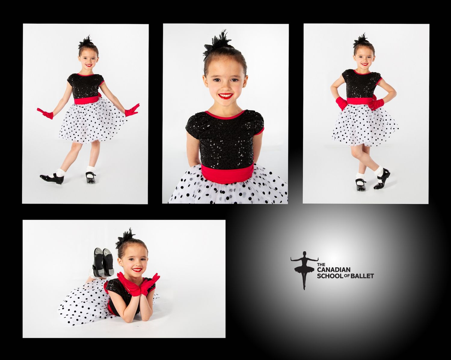 Young dancer in polka dot skirt and black top strikes playful poses against white studio backdrop.