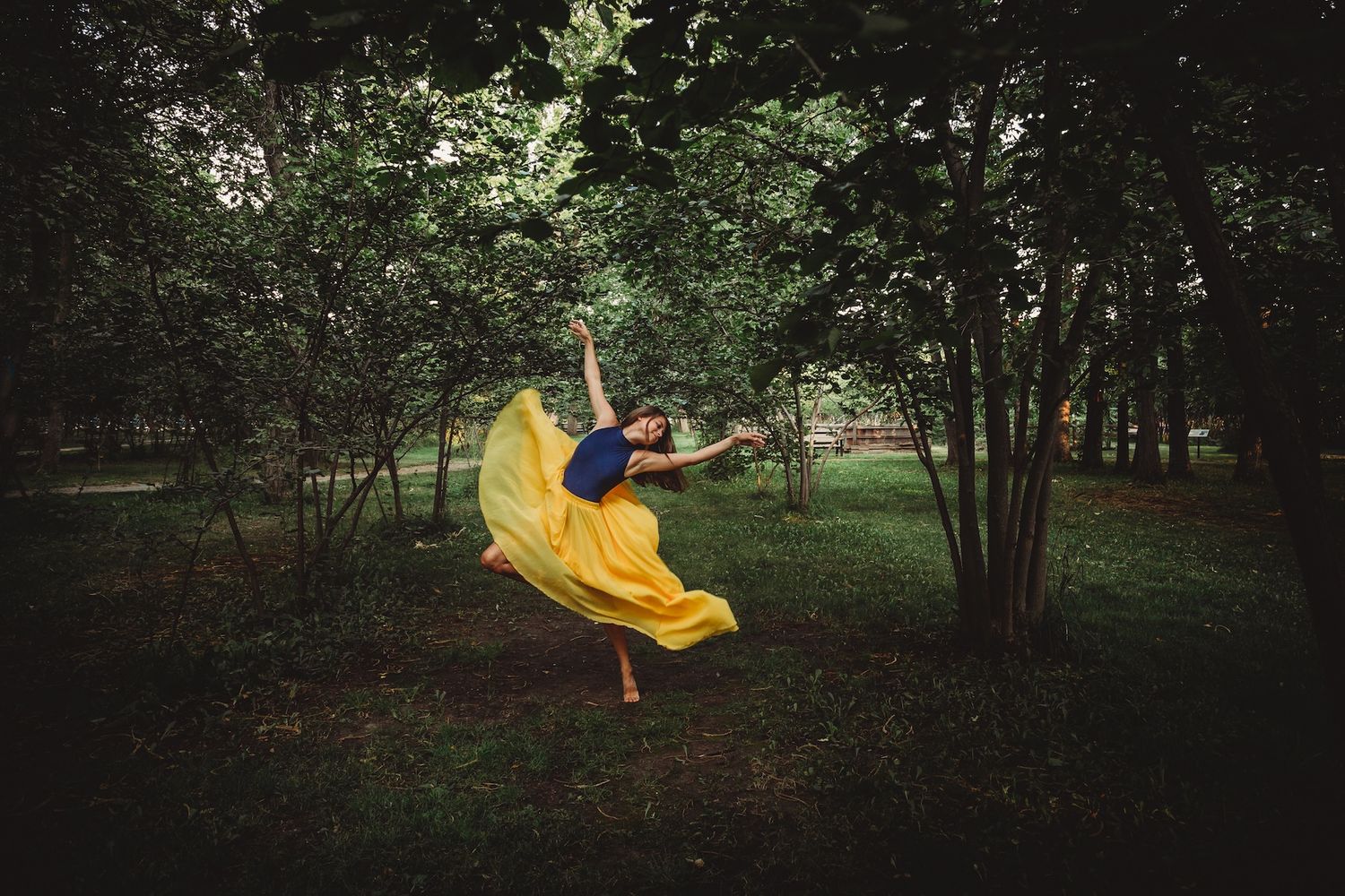 A figure in a flowing yellow dress appears to float gracefully among dark trees in a moody forest setting.
