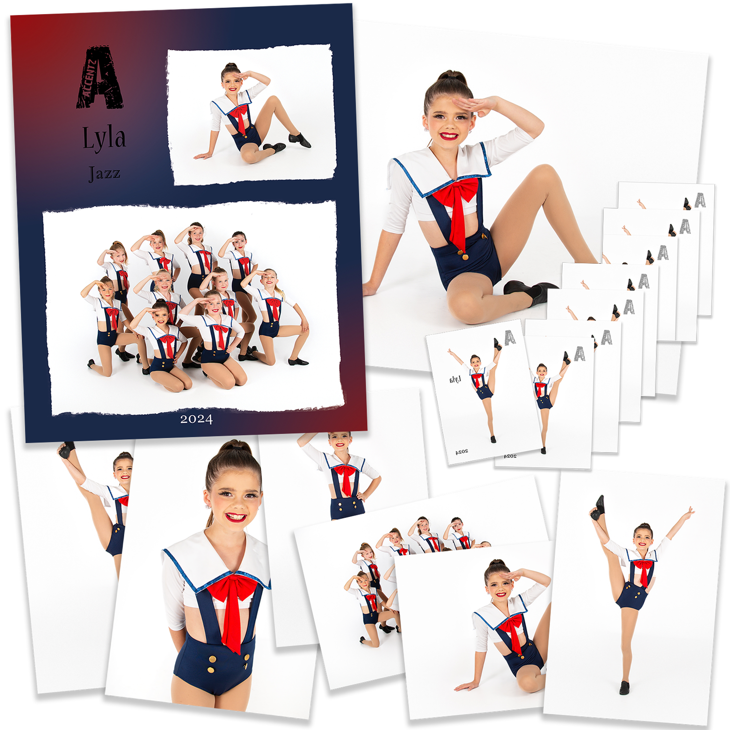 Dance photo collage featuring gymnastic poses in red white and blue leotard uniforms against white backgrounds.