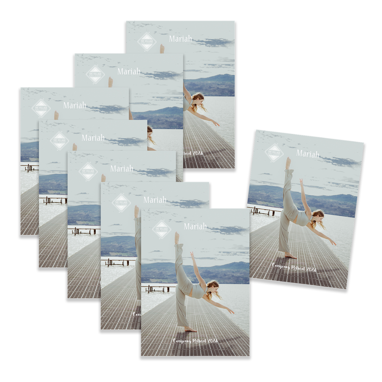 Identical photos arranged in an overlapping pattern show someone performing a graceful yoga pose on a wooden boardwalk.