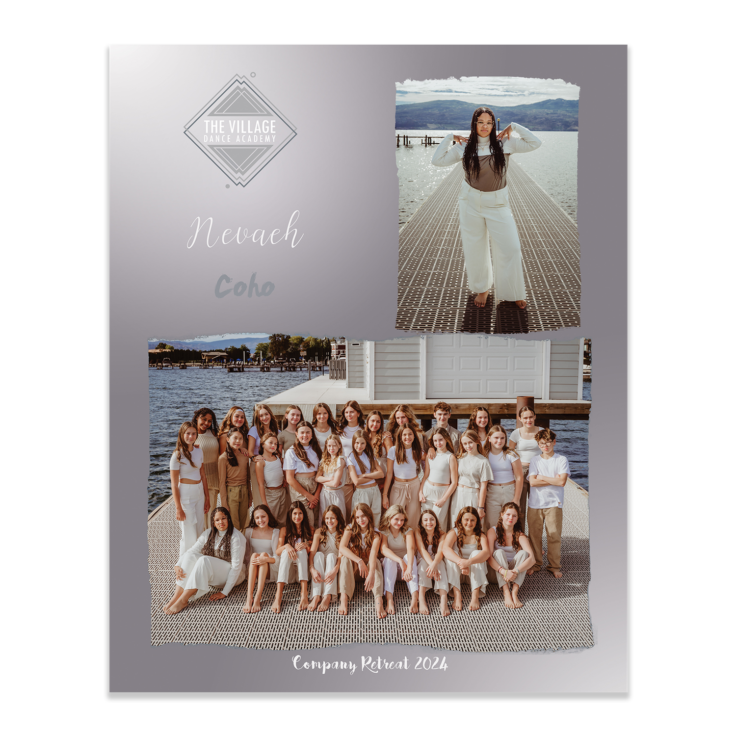Group of people posing together on a wooden boardwalk near water for a formal gathering photo.