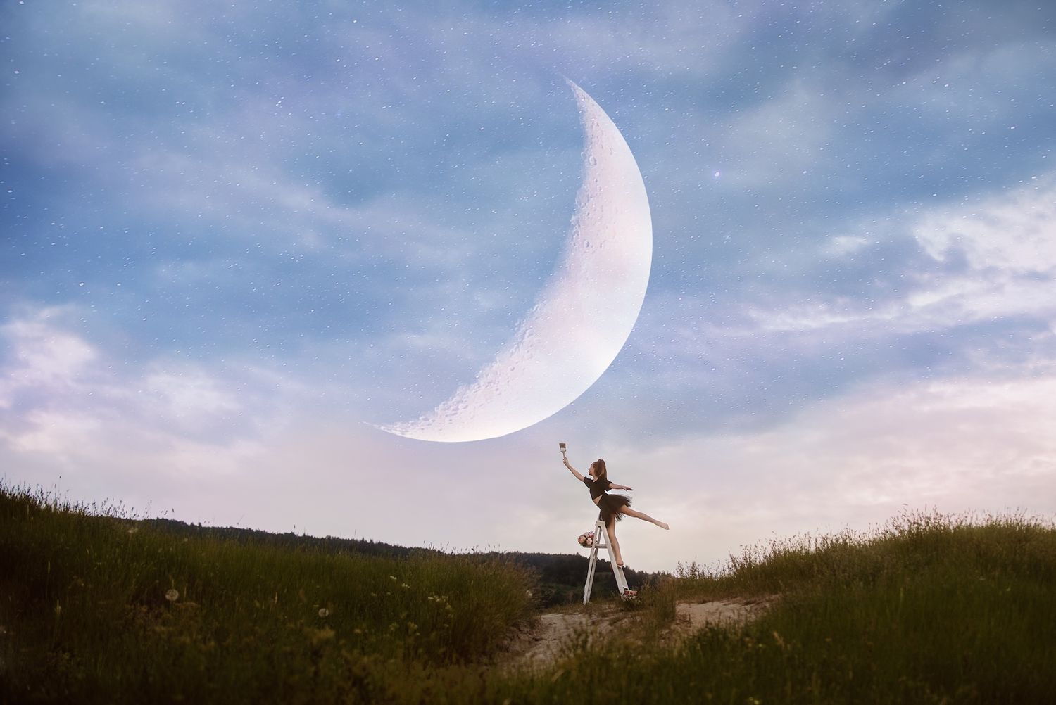 A silhouetted figure dances gracefully against a backdrop of a large crescent moon and blue evening sky.