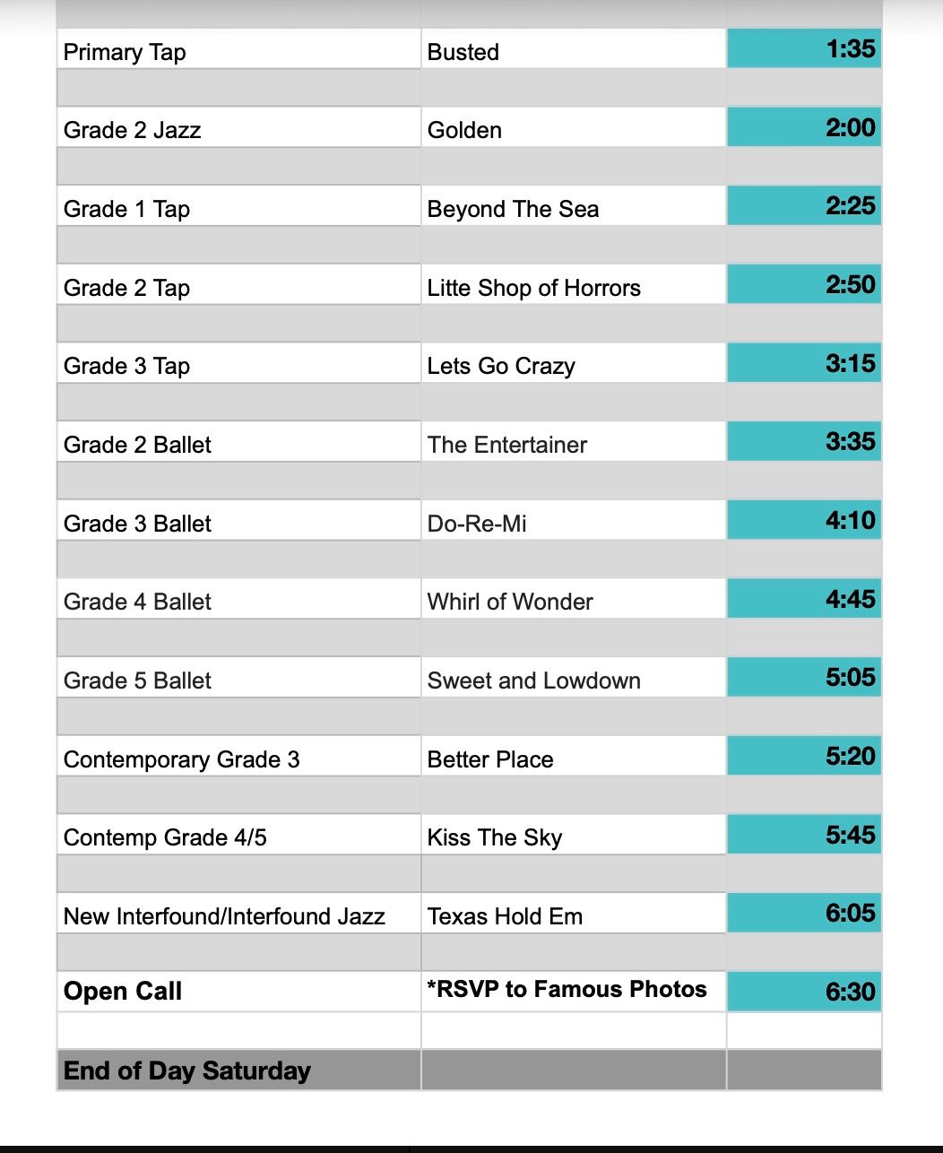 Dance recital schedule listing classes from Primary Tap to Grade 5 Ballet with performance times ranging from 1:35 to 6:30.