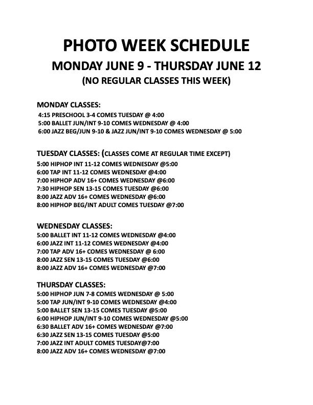 Schedule of classes for photo week showing daily listings for Monday through Thursday June 9-12 on a white background.
