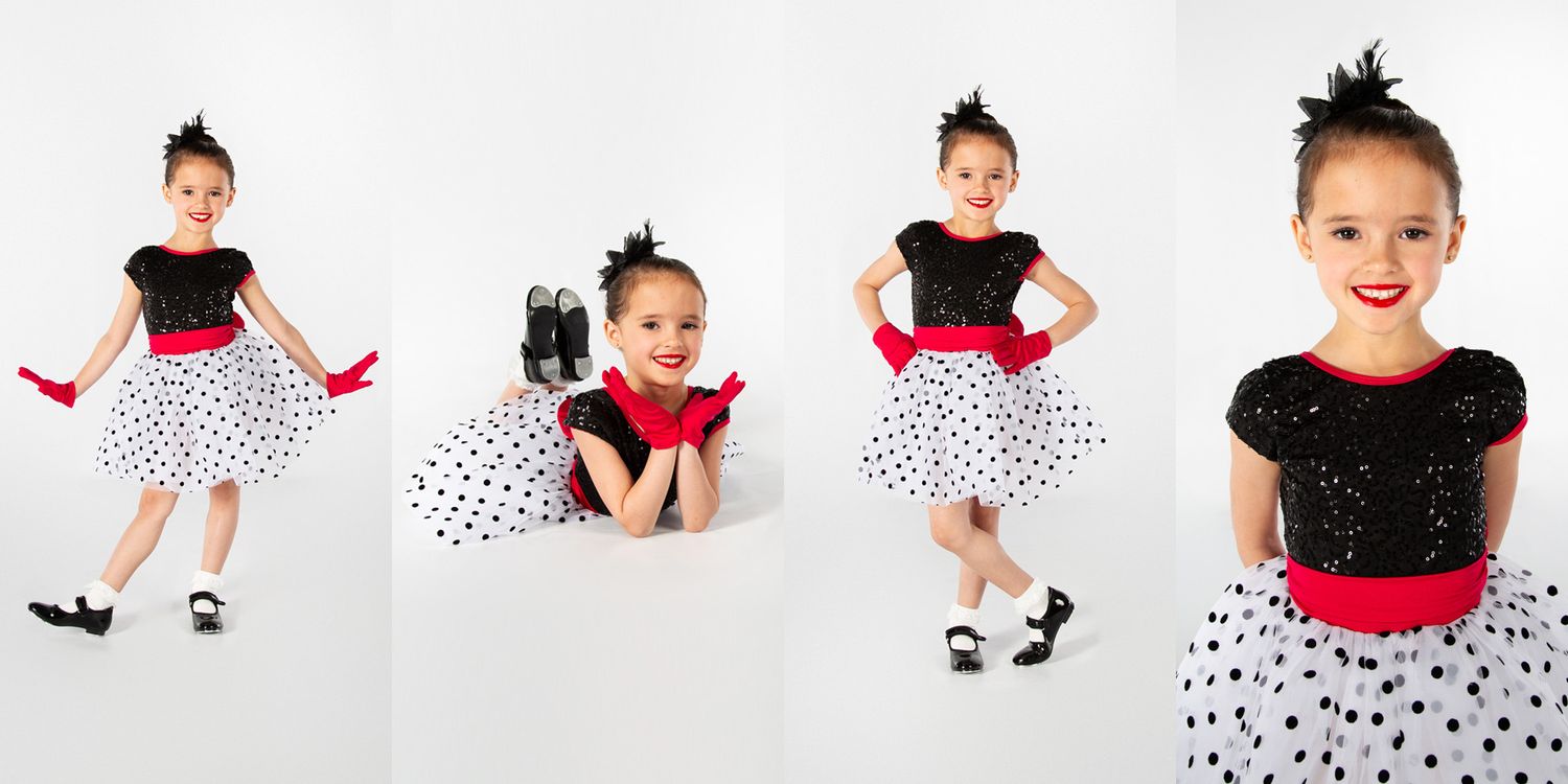 A dance recital collage showing a performer in a polka dot dress with black top and red sash striking various poses.