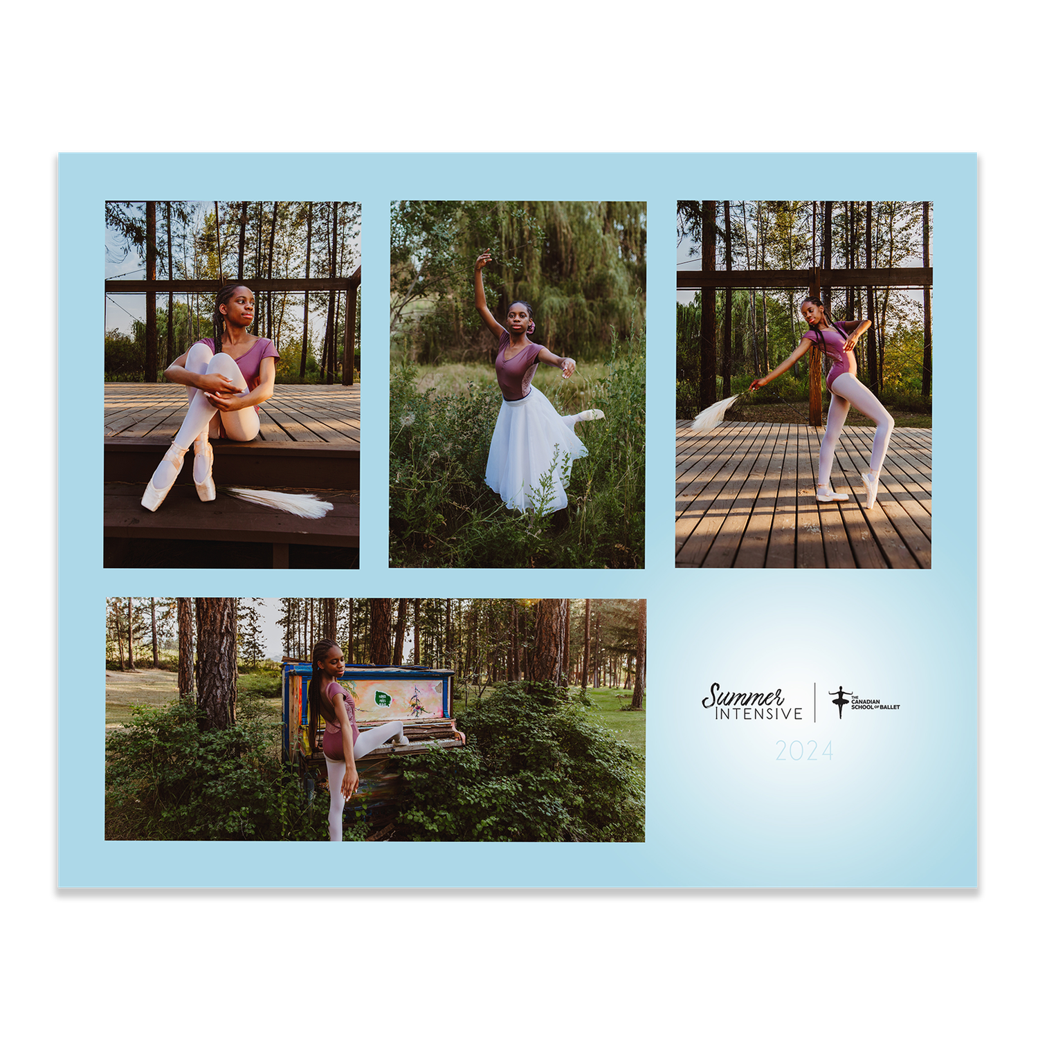 Dance photo collage with artistic poses on wooden platforms and trails in a serene forest setting with blue border.