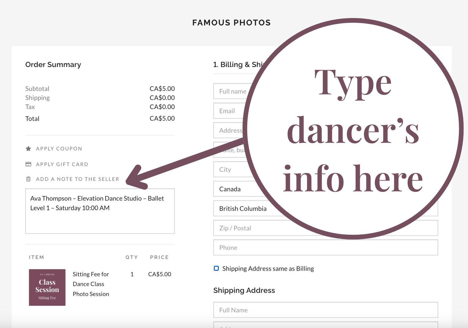 Website screenshot showing a form field with text 'Type dancer's info here' in a circular burgundy design element.