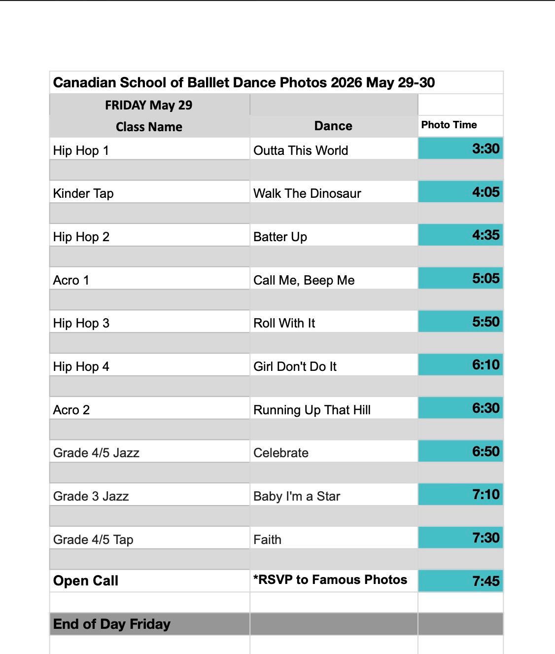 Schedule for Canadian School of Ballet Dance Photos 2026, May 29-30, listing class names, dances, and photo times from 3:30 to 7:45.