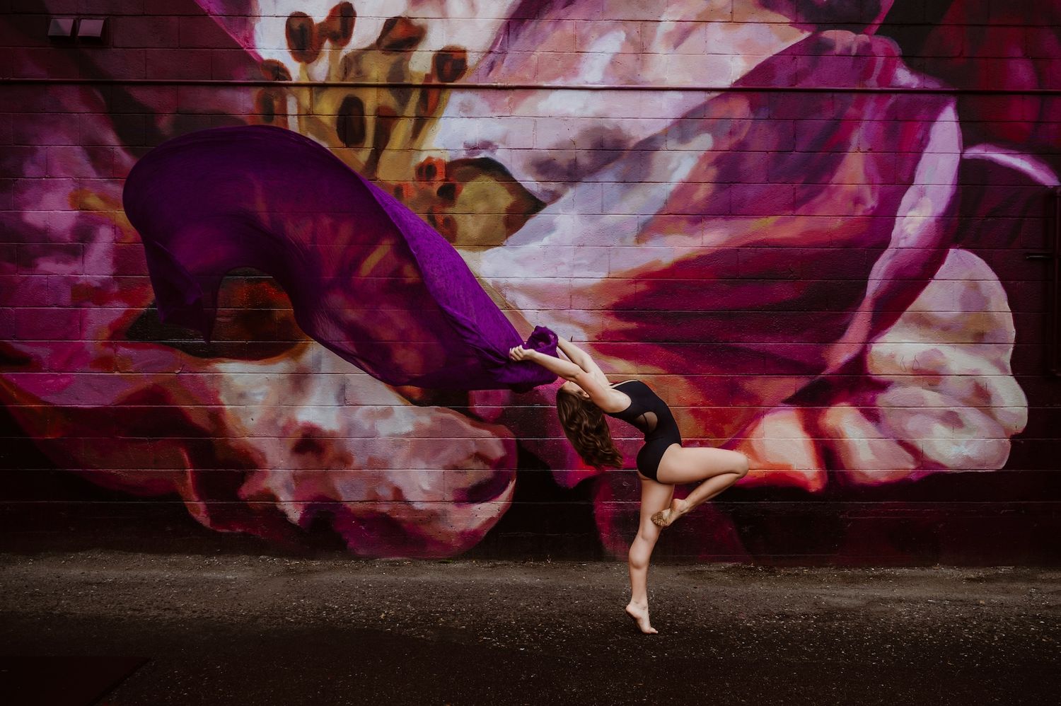 Artistic dance pose silhouetted against large purple flower mural on urban wall.