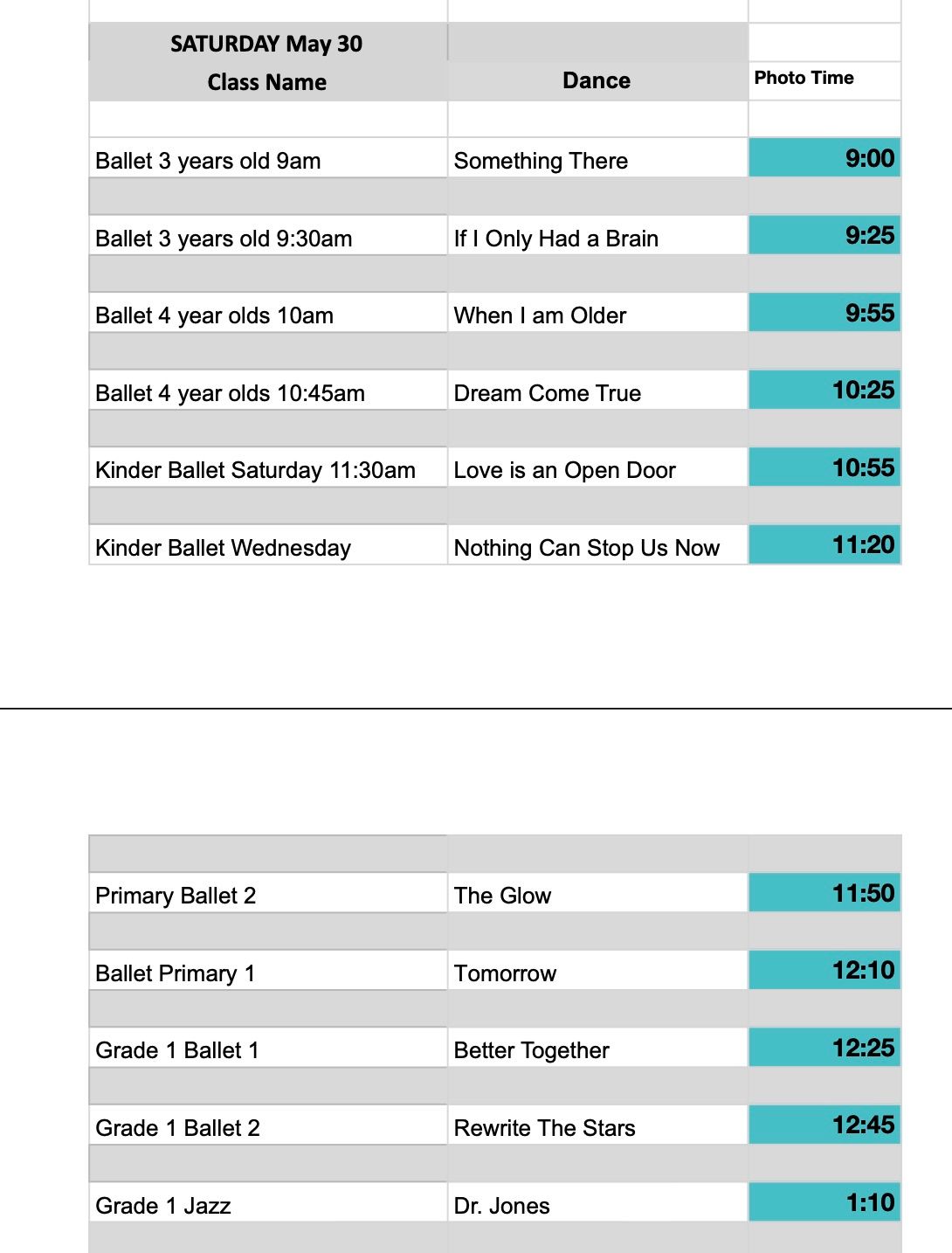 Saturday May 30 ballet recital schedule showing class names, dance titles, and photo times ranging from 9:00 AM to 1:10 PM.