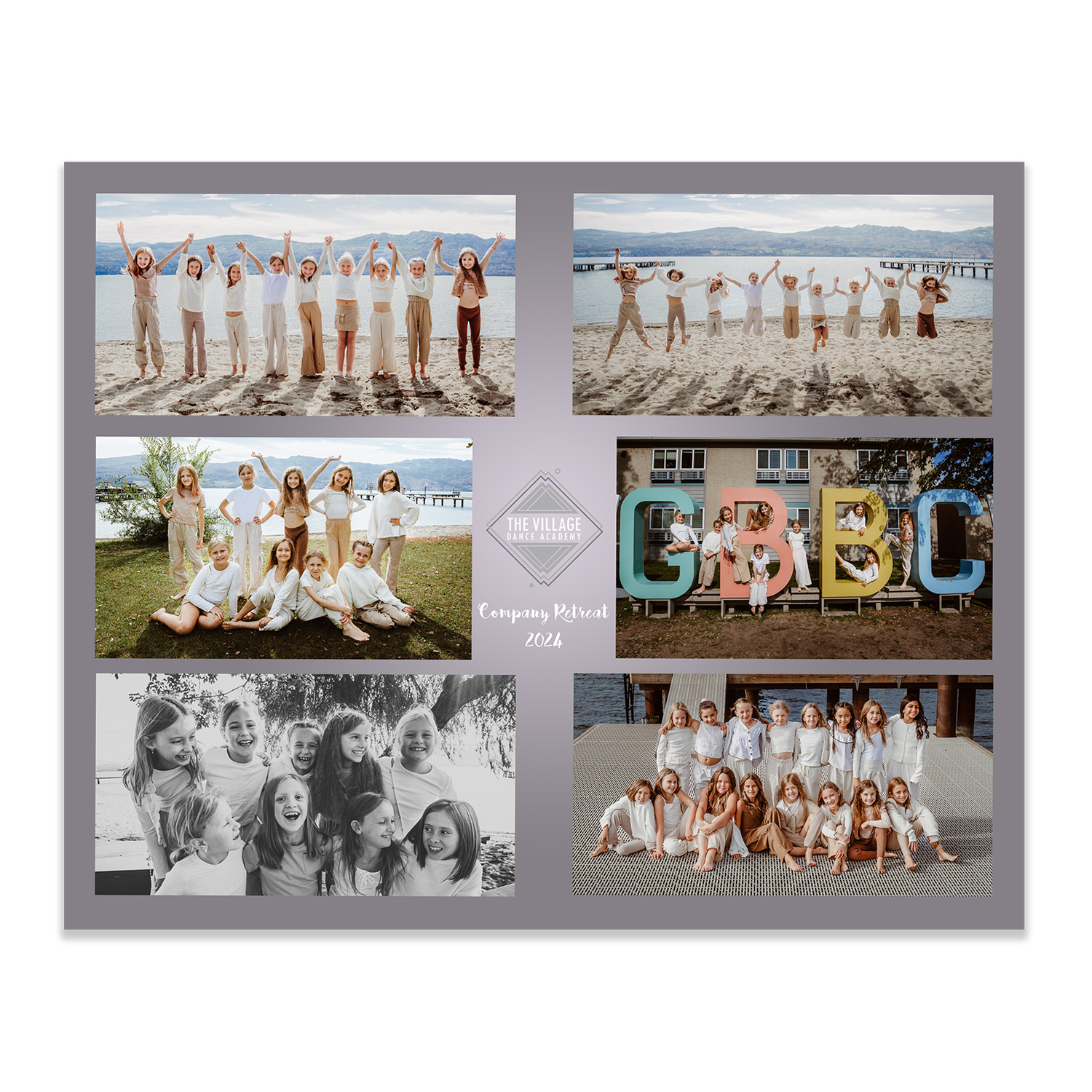 Collage of six group photos featuring people in light colored outfits posing together at beach and outdoor locations.
