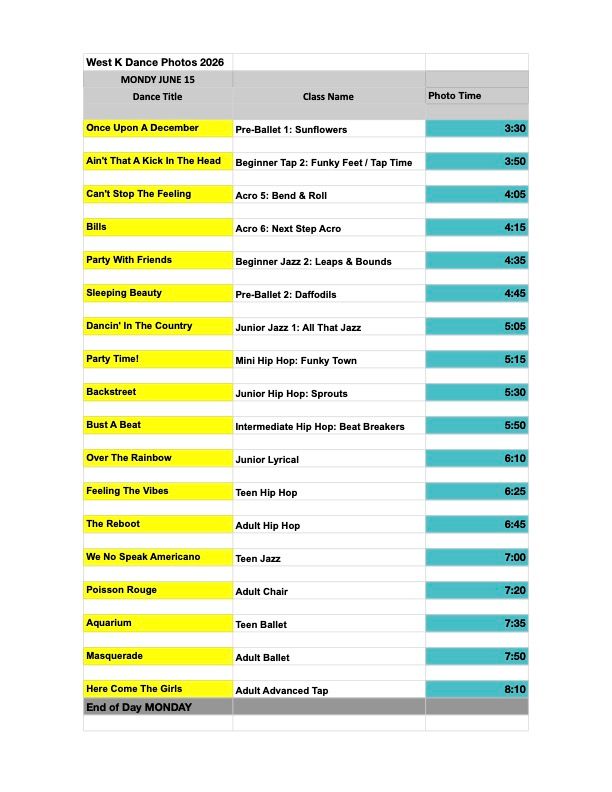 A schedule table for West K Dance Photos 2020 on Monday June 15, listing dance titles, class names, and photo times.