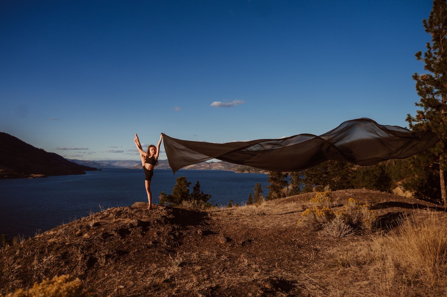 A silhouetted figure stands on a hilltop overlooking a scenic mountain lake at sunset.
