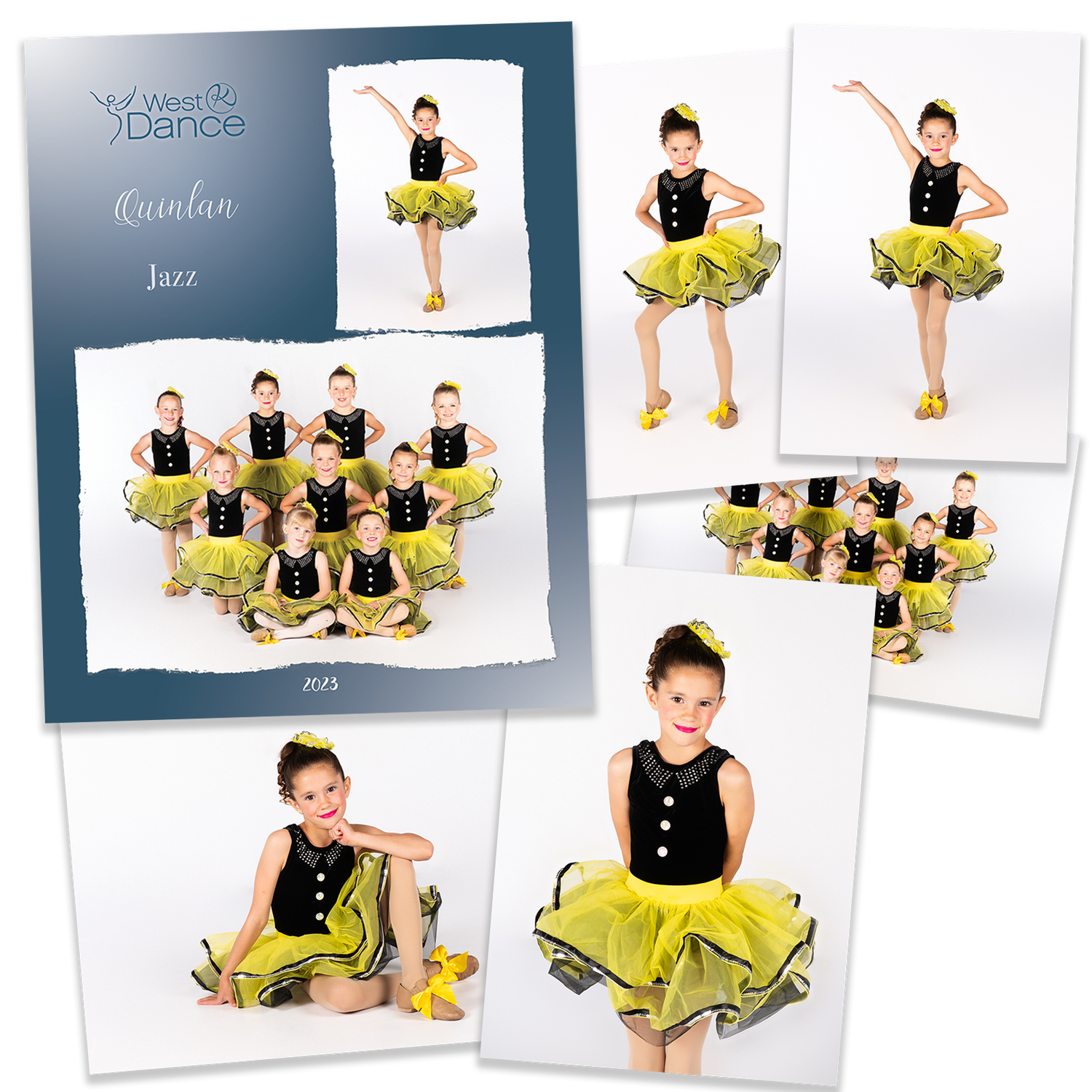 Dance studio photo collage showing young performer in black leotard and lime green tutu in various solo and group poses.