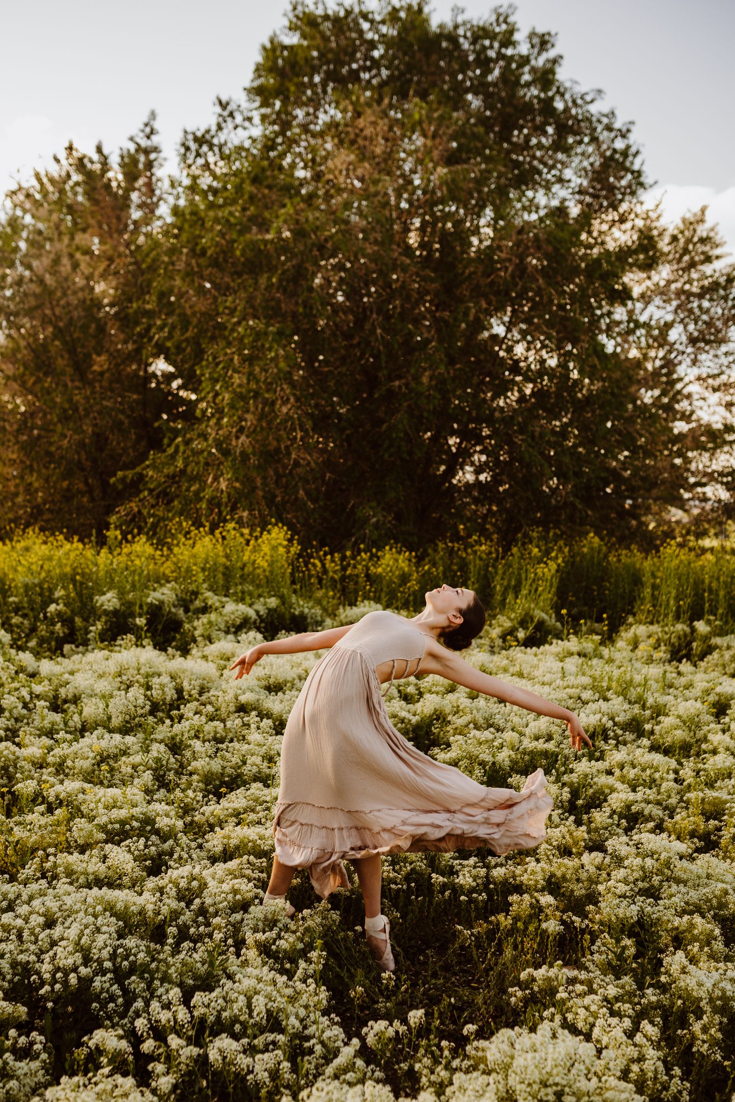 A figure in a flowing dress twirls gracefully among white wildflowers at sunset, surrounded by lush trees.