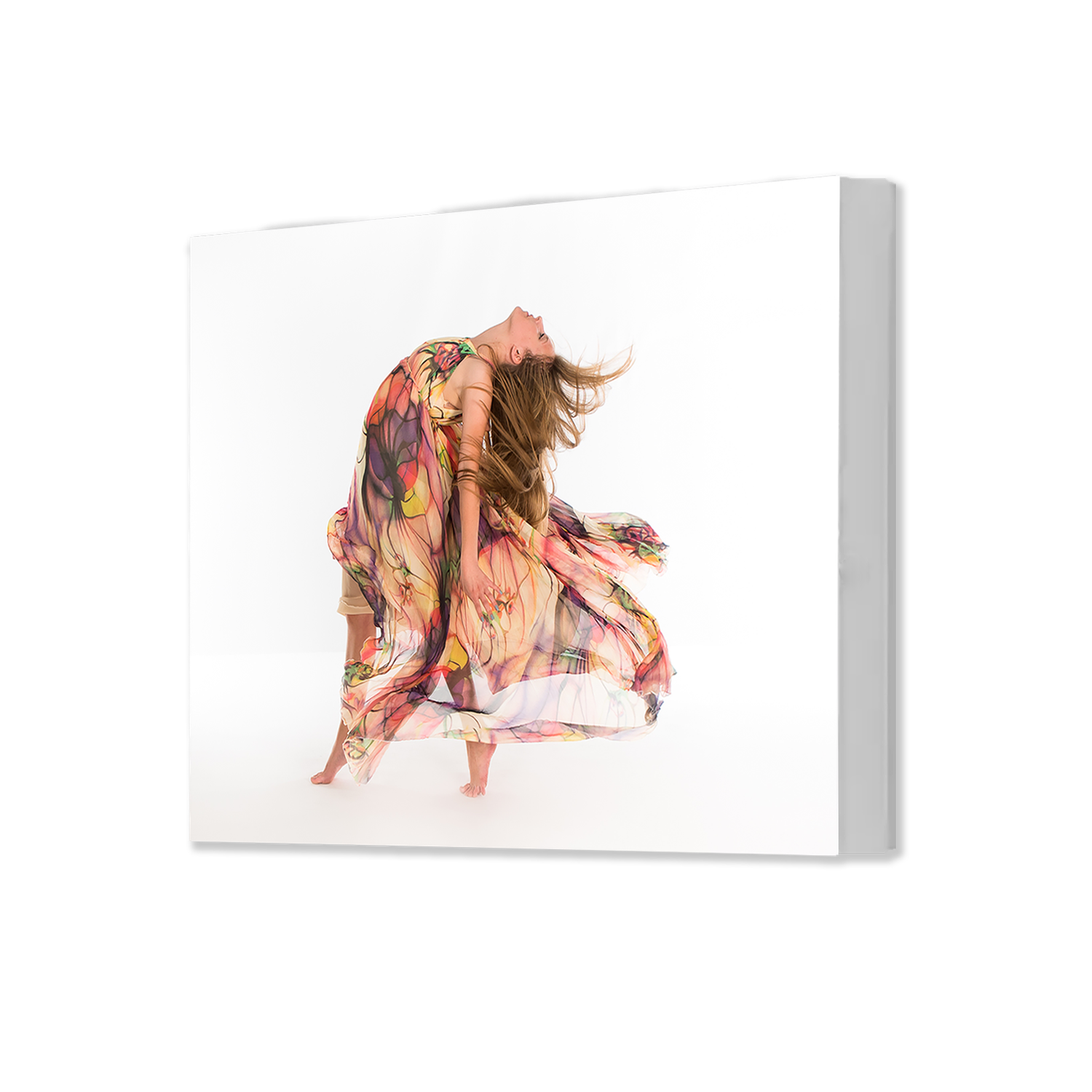 Watercolor figure in peach and pink tones dances gracefully with flowing hair and fabric on white background.