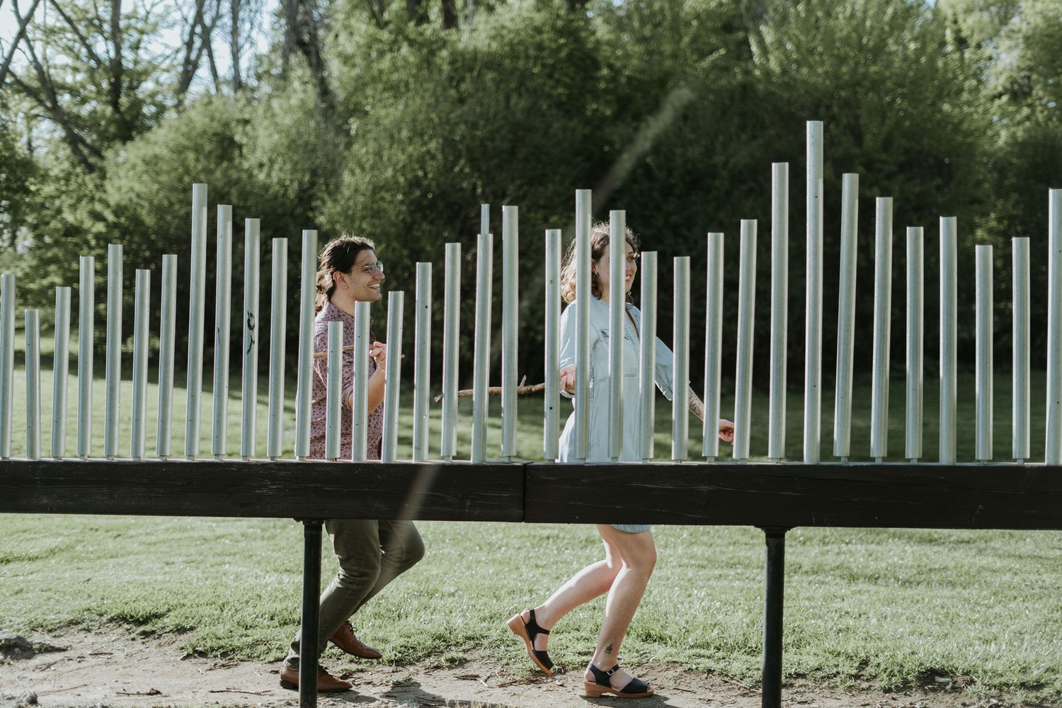 A sequence of photos showing a person practicing their golf swing technique on a sunny day outdoors.