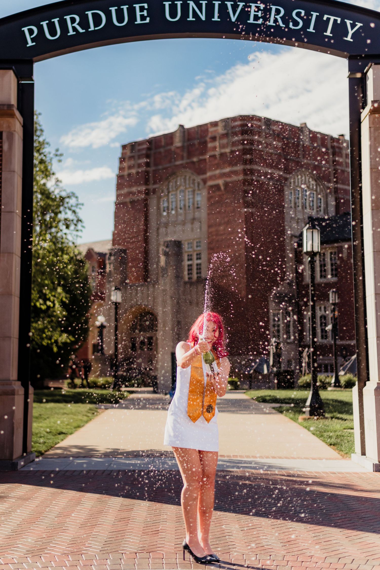 A series of graduation photos showing a celebratory moment on Purdue University's campus with confetti in the air.